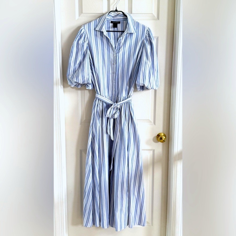 Ashley Stewart Blue White‎ Striped Puff Sleeve Maxi Shirtdress Plus Size 14/16 - Picture 3 of 11